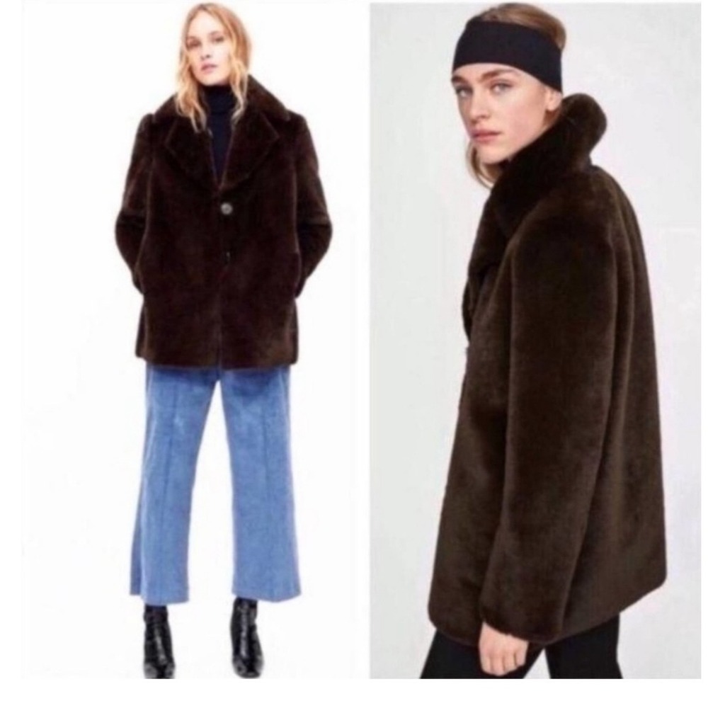 ZARA WOMAN Brown Faux Fur Coat Jacket Button Front Collared Outerwear size XS